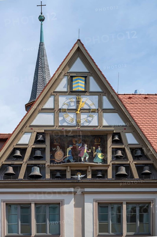 Glockenspiel with running figures at the Bürgerspital, inaugurated in 1956, Würzburg, Lower Franconia, Bavaria, Germany, Europe