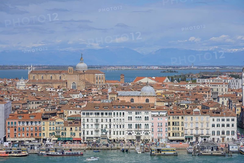 View from the tower of the San Giorgio Maggiore church to the Basilica dei Santi Giovanni e Paolo, Venice, Metropolitan City of Venice, Italy, Europe