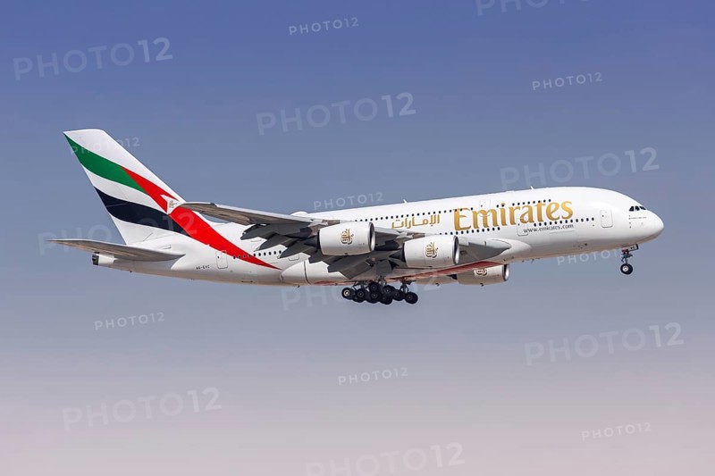 An Emirates Airbus A380-800 aircraft with the registration number A6-EVC at Dubai Airport, United Arab Emirates, Asia