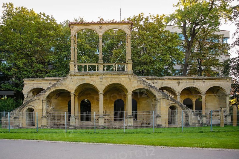 Lusthausruine Stuttgart in the middle palace garden, palace park, staircase of the former Renaissance building built by Georg Beer in the 16th century, Renaissance architecture, ruin of a magnificent building, fence, fenced, state capital, Stuttgart, Baden-Württemberg, Germany, Europe
