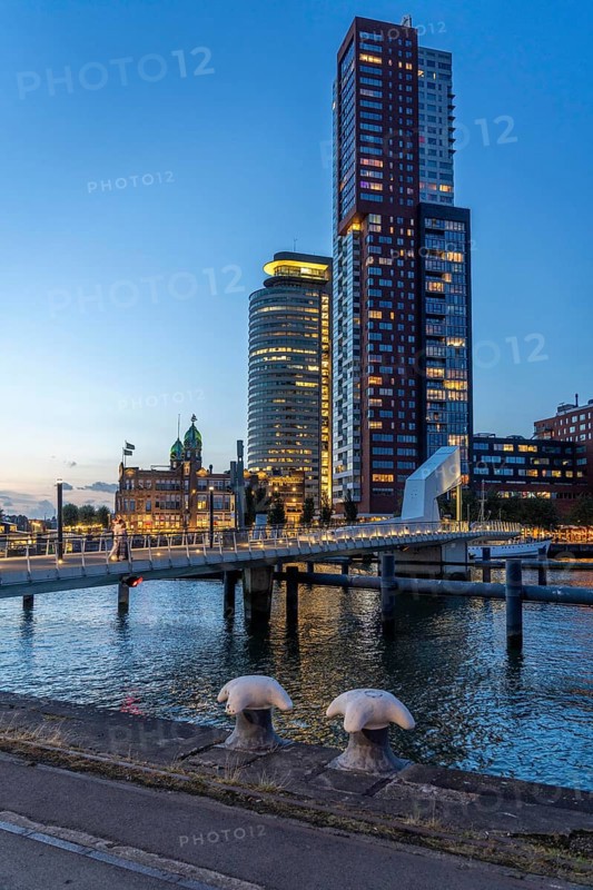 High-rise buildings at Kop van Zuid, at the Rijnhaven harbour basin, Rijnhavenbrug, bridge, Hotel New York, Rotterdam, Netherlands