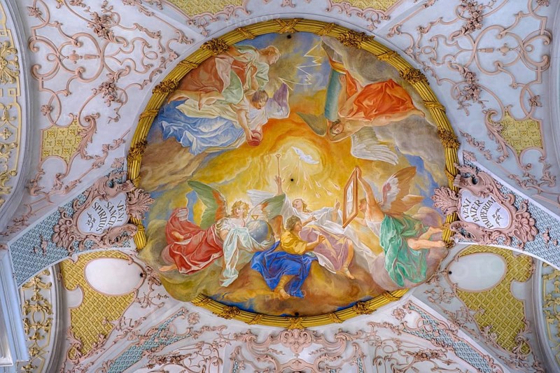 Saint Spirit as a dove with flames, Saint Spirit, ceiling fresco, Parish Church of the Saint Spirit, Munich, Upper Bavaria, Bavaria, Germany, Europe