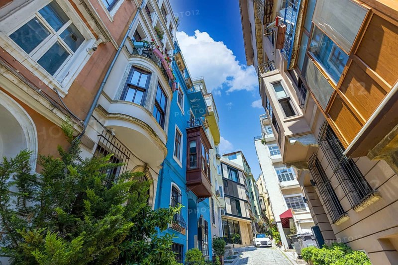 Turkey, scenic colorful Istanbul Karakoy old historic neighborhood near Galata Tower, Asia