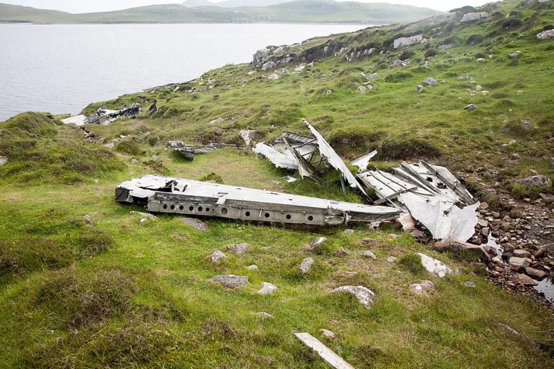 Wreckage at the Catalina plane crash site May 1944 on Vatersay island, Barra, Outer Hebrides, Scotland, UK