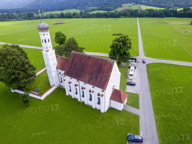 Aerial view of the baroque St. Coloman church near Schwangau in Bavaria, 27.07.2016