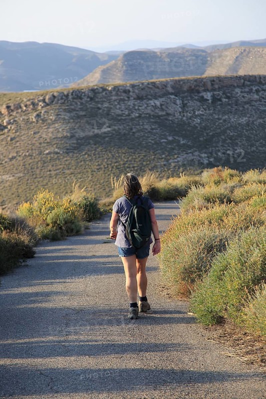 Woman walking Rodalquilar, Cabo de Gata natural park, Almeria, Spain, Europe