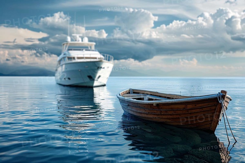 Concept for economic and social inequality showing small poor wooden fishing boat and luxury yacht in background. Generative Ai, AI generated