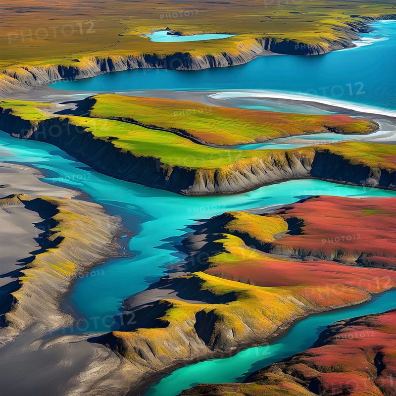 Aerial view perpendicular top down of an abstract colorful river along the coastline, AI generated