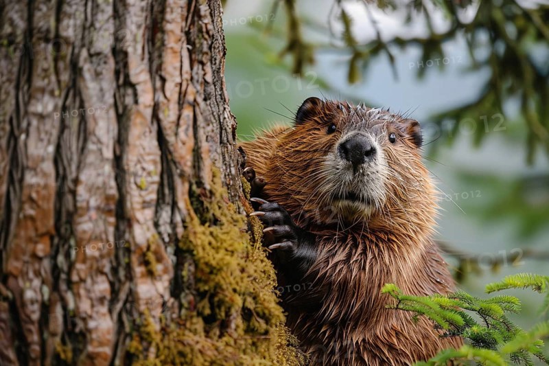 Cute wild beaver leaning on tree. Generative ai, AI generated