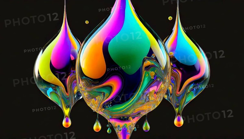 Colourful iridescent plastic drops and bubbles filled with oily liquids, 3D, digital art, AI generated, AI generated