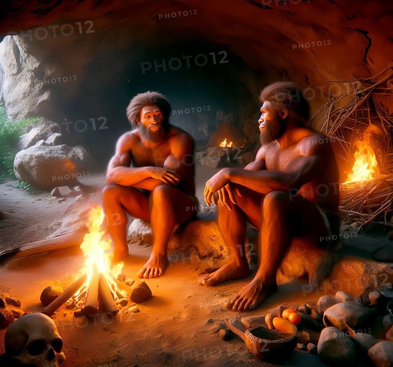Prehistory, prehistoric, two extinct neandertal (Homo neanderthalensis) sitting around a campfire in a cave, AI generated, AI generated