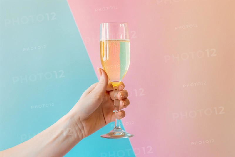 Woman's hand holding champagne glass in front of pastel pink and blue background. KI generiert, generiert, AI generated