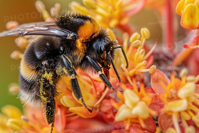 Bumblebee collecting pollen from orange flowers. KI generiert, generiert, AI generated