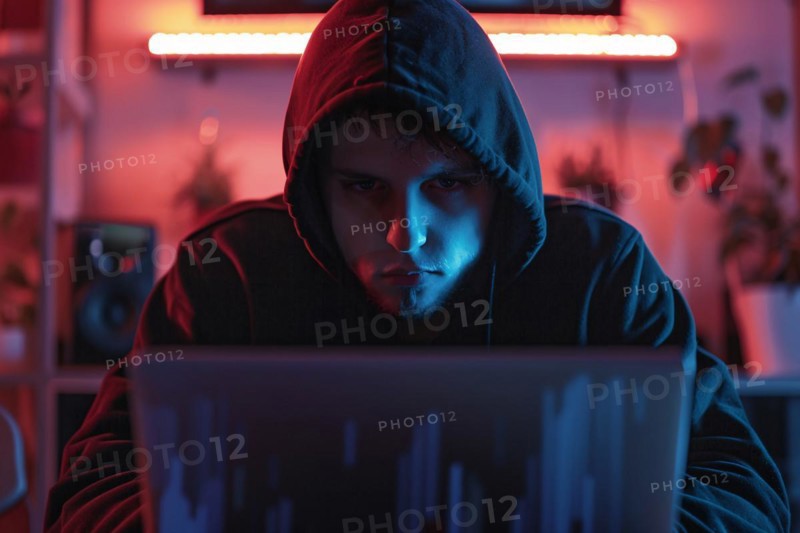 Man covering his face with hoodie in front of laptop. KI generiert, generiert, AI generated