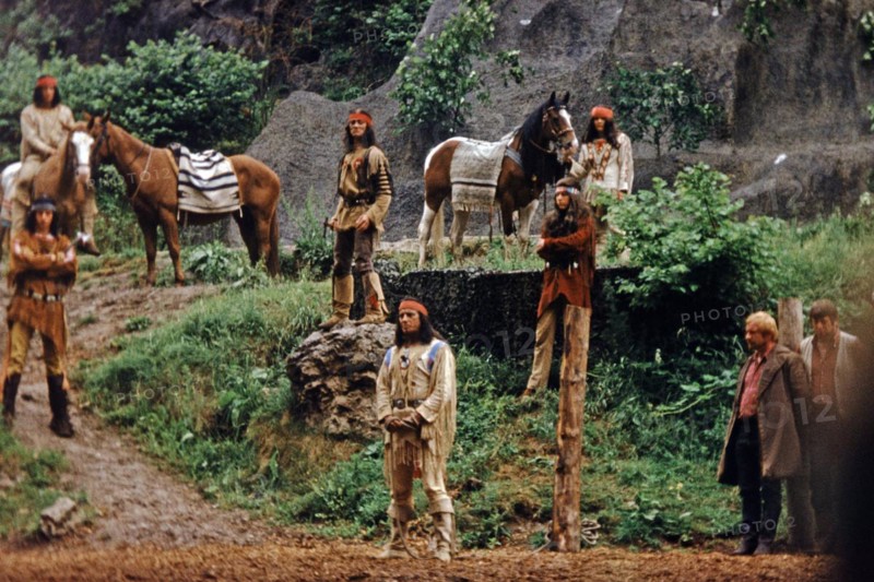 Pierre Brice as Winnetou and other actors in The Treasure in Silver Lake, Karl May Festival, open-air theatre Elspe, Sauerland, North Rhine-Westphalia, Germany, June 1982, vintage, retro, old, historical, Europe