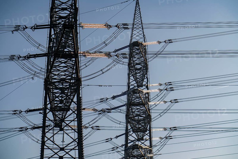 380 kV system, switchgear, from the transmission system operator Amprion, in the Emscherbruch in Herten, high-voltage pylon with glass insulators, North Rhine-Westphalia, Germany, Europe