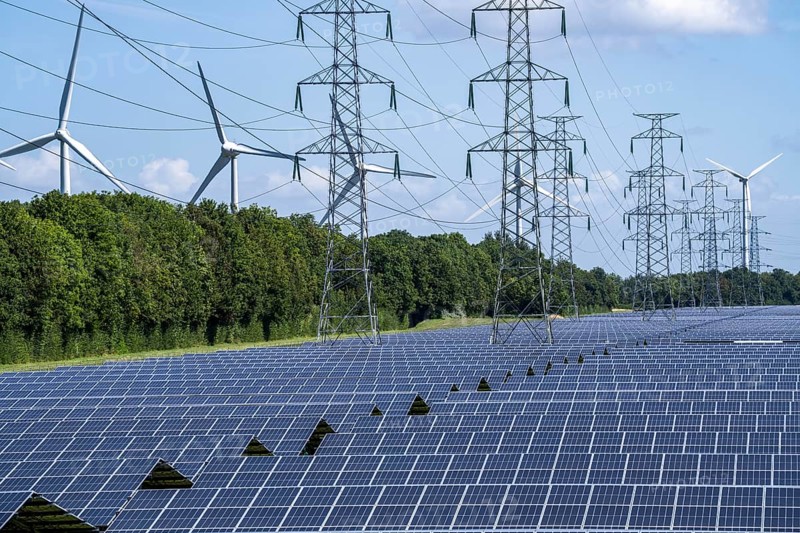 High-voltage power line route, the space underneath is used for a solar park over 5 km long, behind it a wind farm, in the harbour area of Vlissingen-Oost, Netherlands