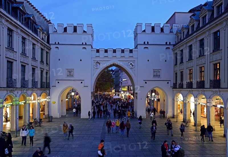 Europe, Germany, Bavaria, Munich, City, Stachus, Karlstor, view into Neuhauser Straße, shopping mile, evening, many passers-by, Europe