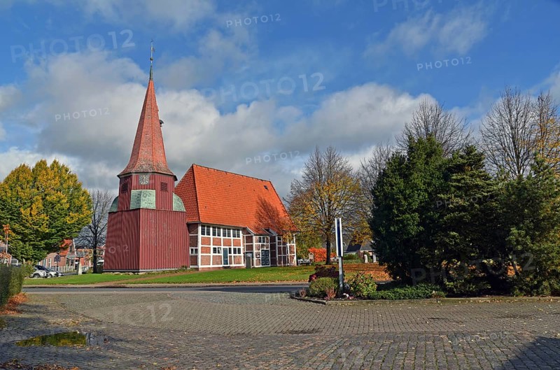 Europe, Germany, Lower Saxony, Hamburg Metropolitan Region, Altes Land, Stade District, St. Marien-Kirche Grünendeich, built in 1608, half-timbered construction, Europe