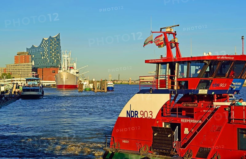 Germany, Hamburg, HafenCity, view to Elbe Philharmonic Hall, Hamburg's new concert hall, glass facade, museum ship Cap San Diego, former cargo ship, harbour ferry Elbmeile with many passengers, Hamburg, Hamburg, Federal Republic of Germany, Europe