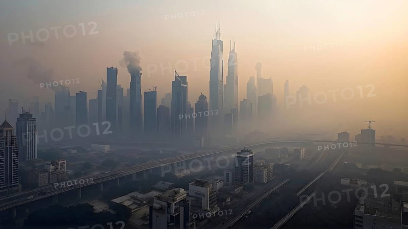Aerial view of a mega city with smog and pollution, AI generated