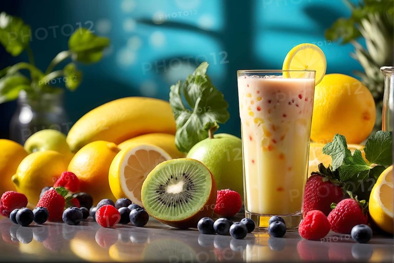Smoothie surrounded by an assortment of fruits and vegetables, AI generated
