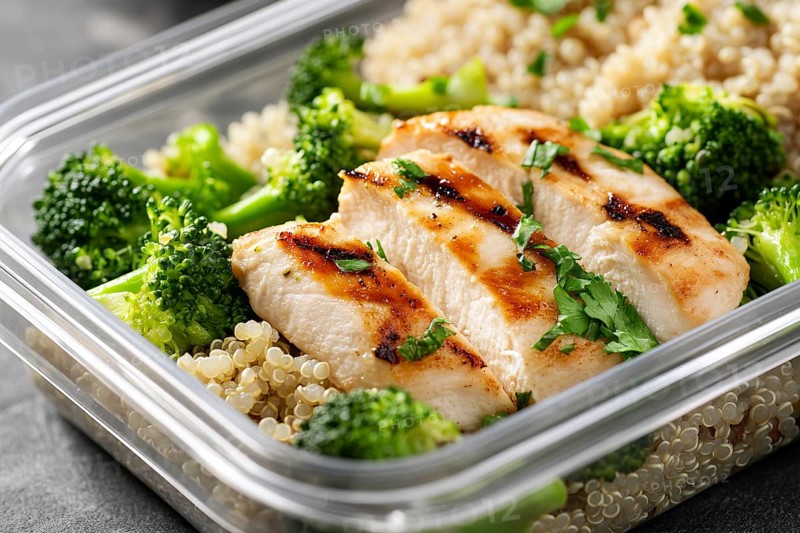 Meal prep with healthy grilled chicken breast, broccoli vegetable and quinoa. Generative Ai, AI generated