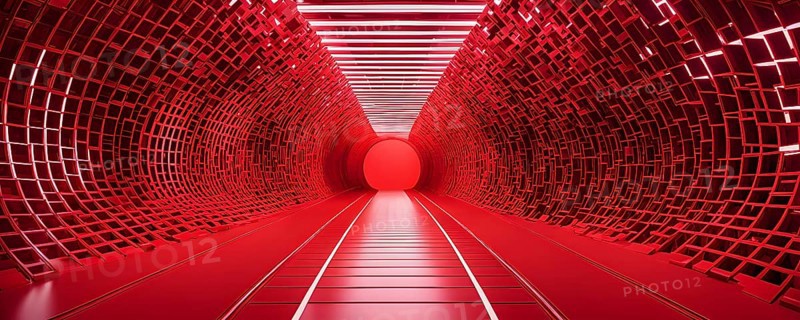 Abstract geometric pattern tunnel structure embodying data streams and communication in red hues, AI generated