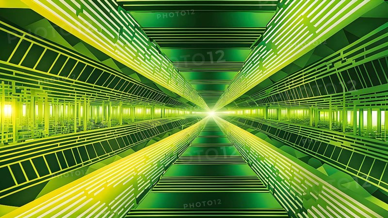 Abstract geometric pattern tunnel structure embodying data streams and communication in green hues, AI generated