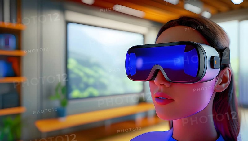 Three dimensional render of a woman wearing virtual reality glasses, AI generated