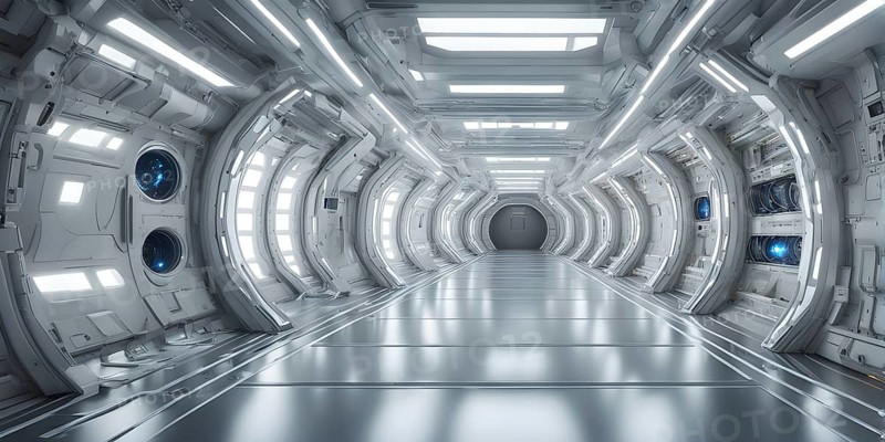 Three dimensional render of futuristic corridor inside a spaceship or space station, AI generated