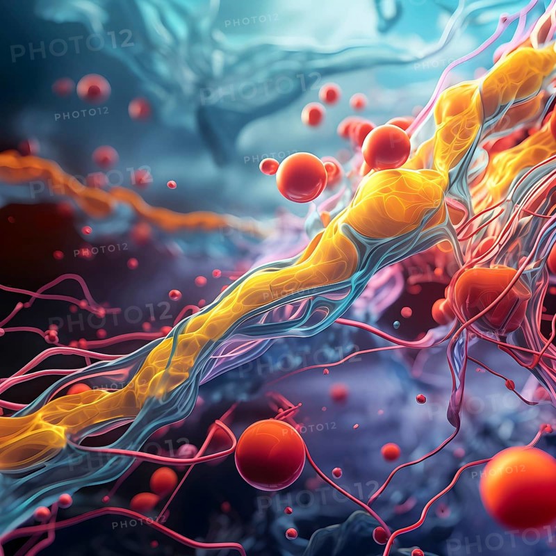 Three dimensional render of cholesterol in blood stream, AI generated