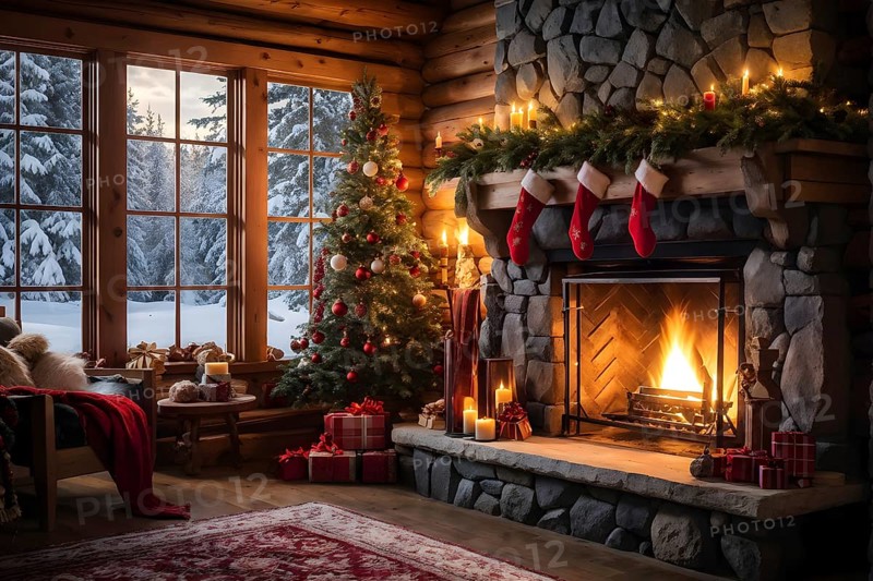 Traditional stone fireplace decorated for Christmas, with garlands, stockings, and candles, set in a cozy, snow-draped winter cabin, AI generated