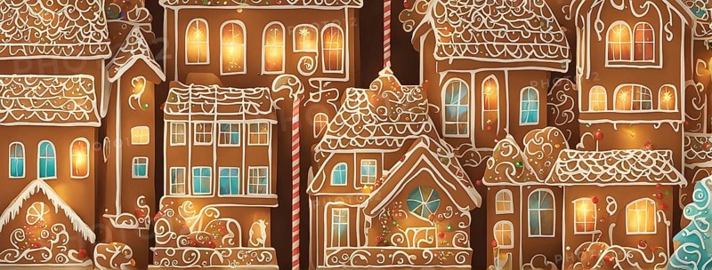 Abstract wallpaper illustration of of gingerbread house decoration, AI generated