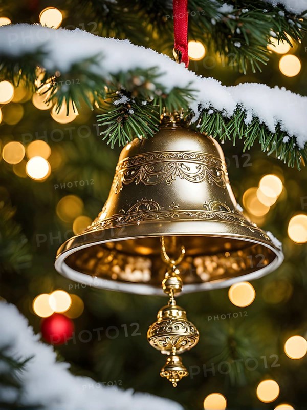 Vintage Christmas bell ornament hanging on a snow-dusted evergreen branch, capturing the intricate metallic details and soft reflections of nearby lights, AI generated