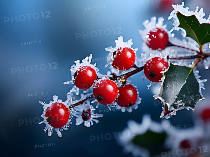 Frosty holly branch with vibrant red berries covered in delicate ice crystals, symbol for upcoming winter, AI generated