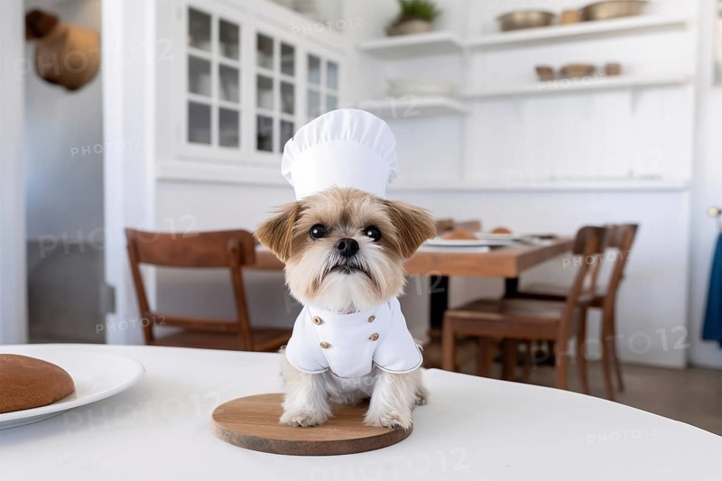 Small dog with chef hat on table. KI generiert, generiert AI generated