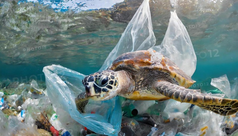 Symbolism, waste problem, plastic waste drifting in the sea and endangering animals, sea turtle, AI-generated, AI-generated, AI generated