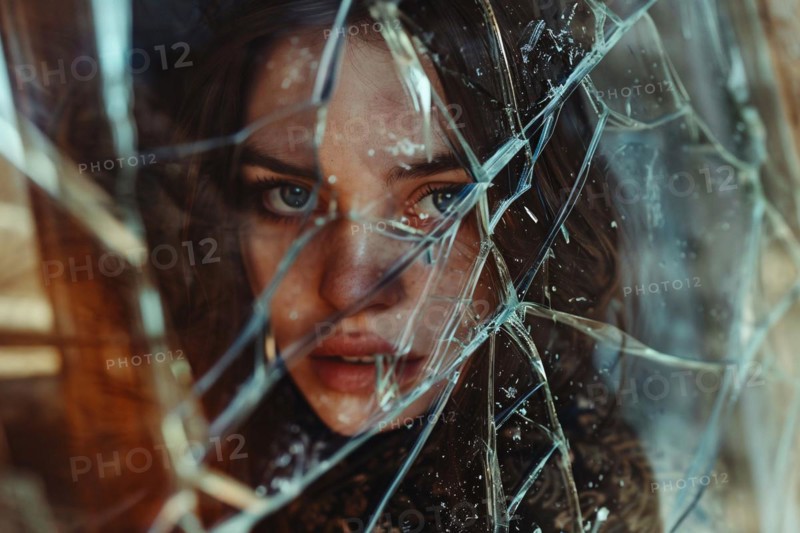 Attractive woman looking at reflection in broken mirror. KI generiert, generiert, AI generated