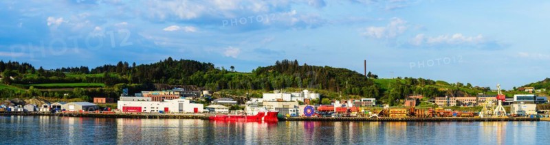 Panorama of Ocean Osprey Offshore Supply Ship in Industrial Zone over FjordSailing, Stavanger, Boknafjorden, Norway, Europe