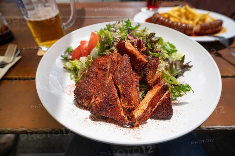 Salad with turkey strips served in a garden tart, Bavaria, Germany, Europe
