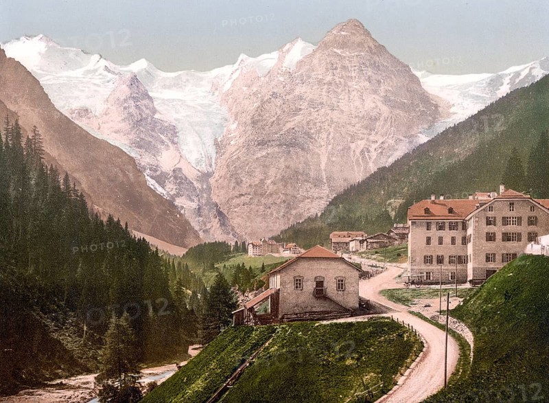 Hotel Trafoi, at the foot of the Ortler in the Trafoi Valley, a side valley of the Suldental in the Ortler Alps, formerly Austria-Hungary, today South Tyrol, Italy, Historical, digitally restored reproduction from a 19th century original, Record date not stated, Europe