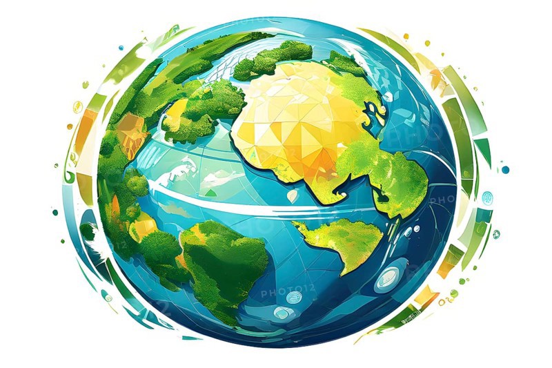 Illustration of a globe composed of triangular solar panels and swirling wind patterns, symbolizing global renewable energy, AI generated