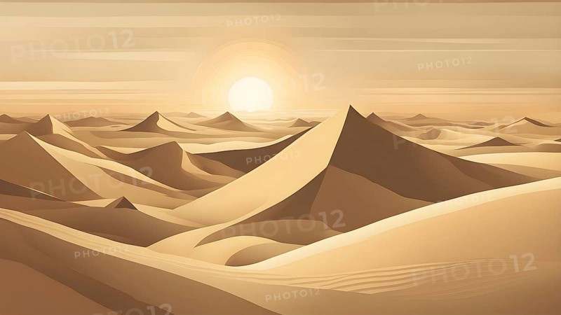 Abstract desert scene with triangular sand dunes and a single circular sun, using sharp lines and subtle gradients in neutral earth tones, AI generated