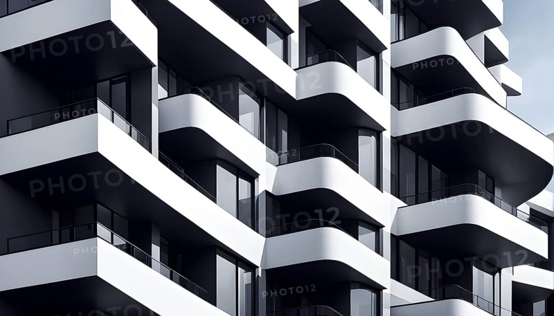 Rendering of a modern real estate apartment building in clean geometric forms in black and white, AI generated