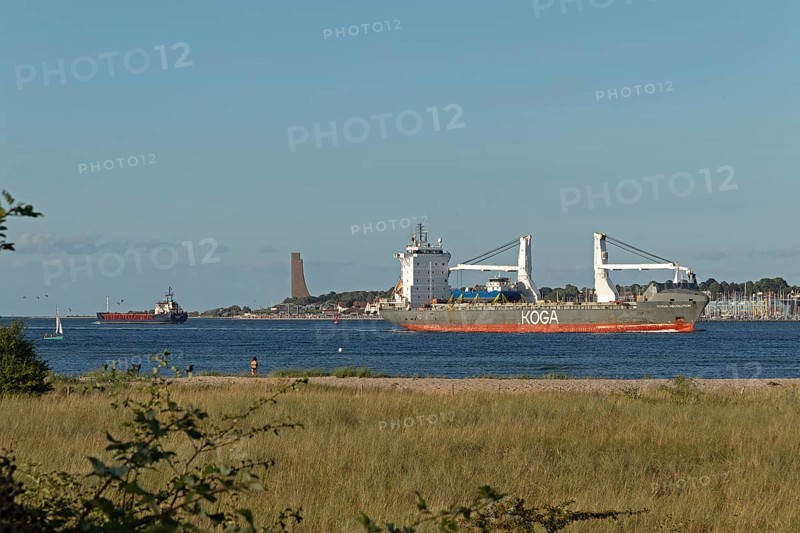 Cargo ships, sailing boat, naval memorial, Laboe, front beach, Friedrichsort, Kiel, Schleswig-Holstein, Germany, Europe