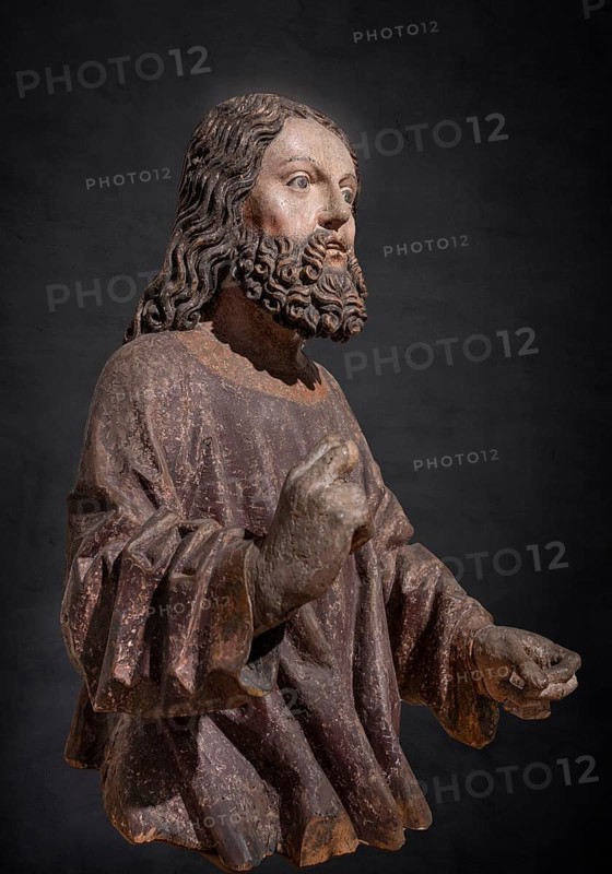 Figure of Jesus, on a dark background, around 1470, only the body of the palm donkey remains, Strigel Museum, Martin-Luther-Platz 1, Memmingen, Swabia, Bavaria