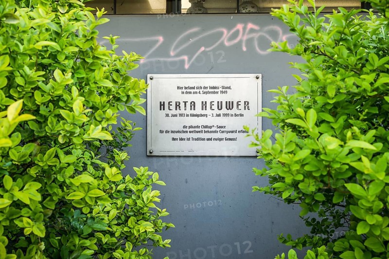 Memorial plaque for Herta Heuwer, inventor of the currywurst, Kaiser-Friedrich-Straße, Charlottenburg, Berlin, Germany, Europe