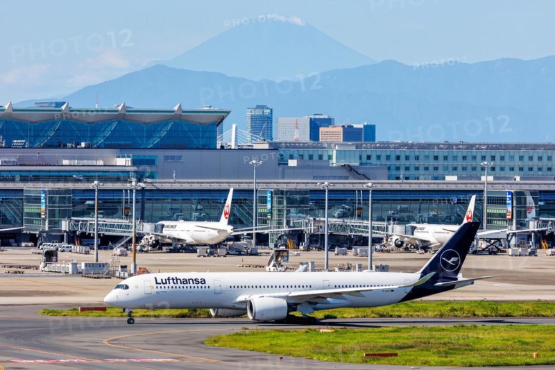 A Lufthansa Airbus A350-900 aircraft with the registration D-AIXJ at Tokyo Haneda Airport, Japan, Asia