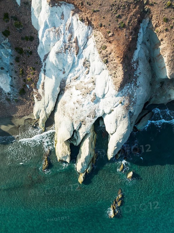 Tuff at the shore of the Mediterranean Sea. Aerial view. Drone shot. Nature Reserve Cabo de Gata-Nijar, Almería province, Andalusia, Spain, Europe